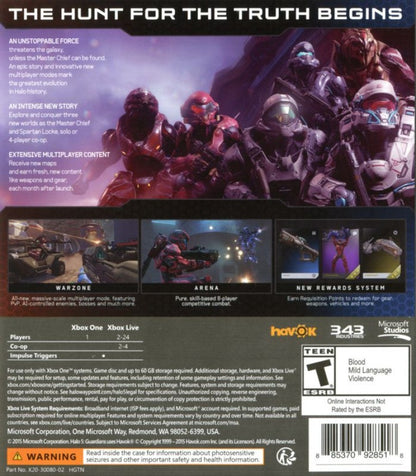 Halo 5: Guardians back of case for Xbox One (XONE) sci-fi first-person shooter video game