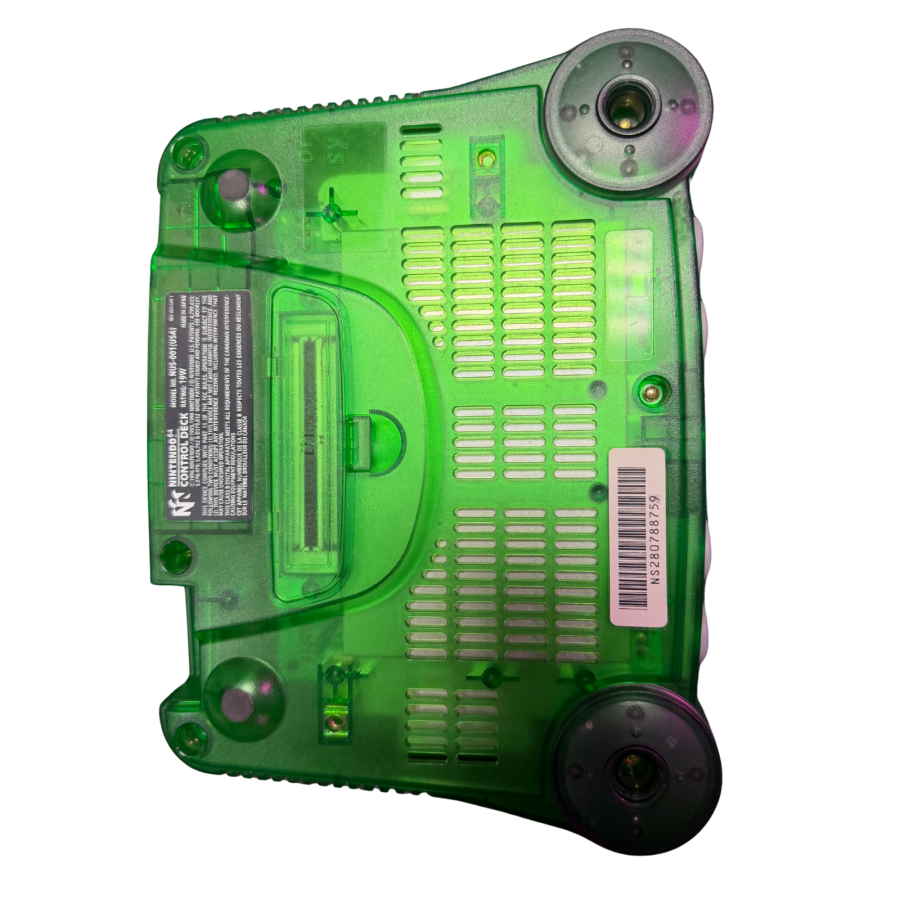 Jungle Green Nintendo 64 Console N64 gaming system featuring distinctive translucent Jungle Green finish classic three prong controller ports cartridge based game support AV connectivity and iconic Nintendo 64 hardware design collectible retro Nintendo console appeal