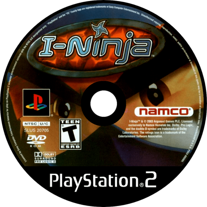 iNinja PS2 Sony PlayStation 2 action platformer game quirky ninja comedy adventure sword combat acrobatics puzzle solving fast paced levels Ninjitsu abilities Argonaut Games retro gaming PlayStation 2 software video game title disc 