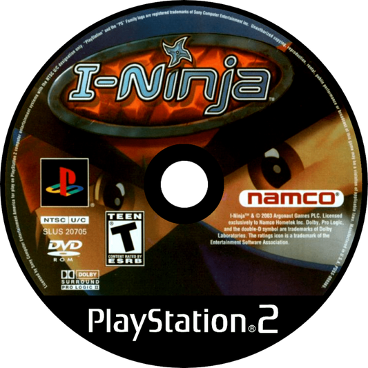 iNinja PS2 Sony PlayStation 2 action platformer game quirky ninja comedy adventure sword combat acrobatics puzzle solving fast paced levels Ninjitsu abilities Argonaut Games retro gaming PlayStation 2 software video game title disc 