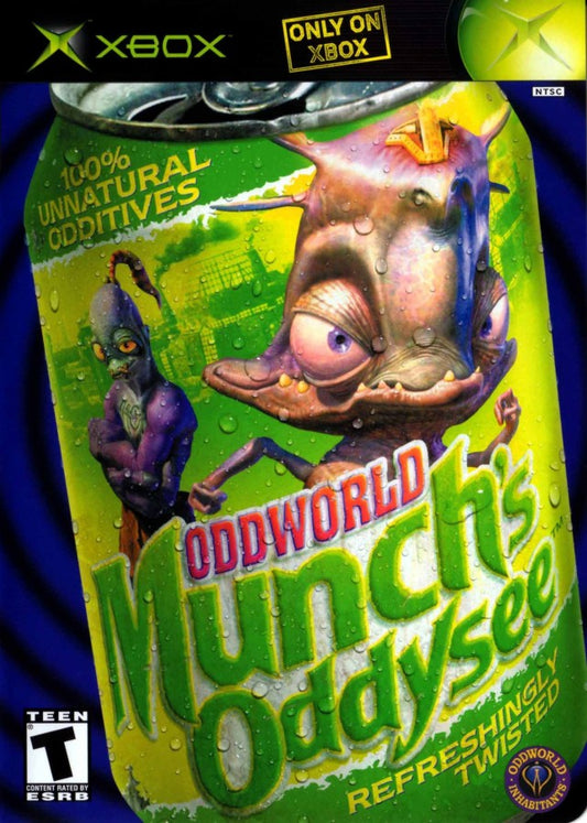Oddworld Munchs Oddysee retro Xbox video game Oddworld platform adventure puzzle solving quirky alien characters cinematic storytelling action exploration console title Xbox release cover art