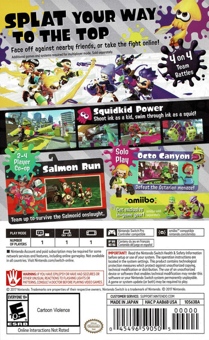 Splatoon 2 Starter Pack Nintendo Switch game featuring colorful ink-shooter action and bonus starter content back cover