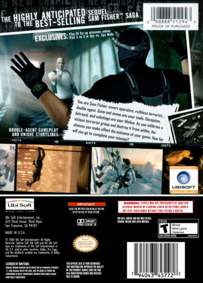 Tom Clancy's Splinter Cell Double Agent GameCube game featuring stealth action gameplay and tactical espionage missions back cover