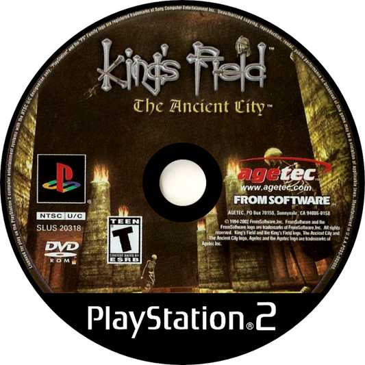 King's Field: Ancient City for PlayStation 2 first person action RPG featuring dark fantasy exploration dungeon crawling combat and immersive story driven adventure disc