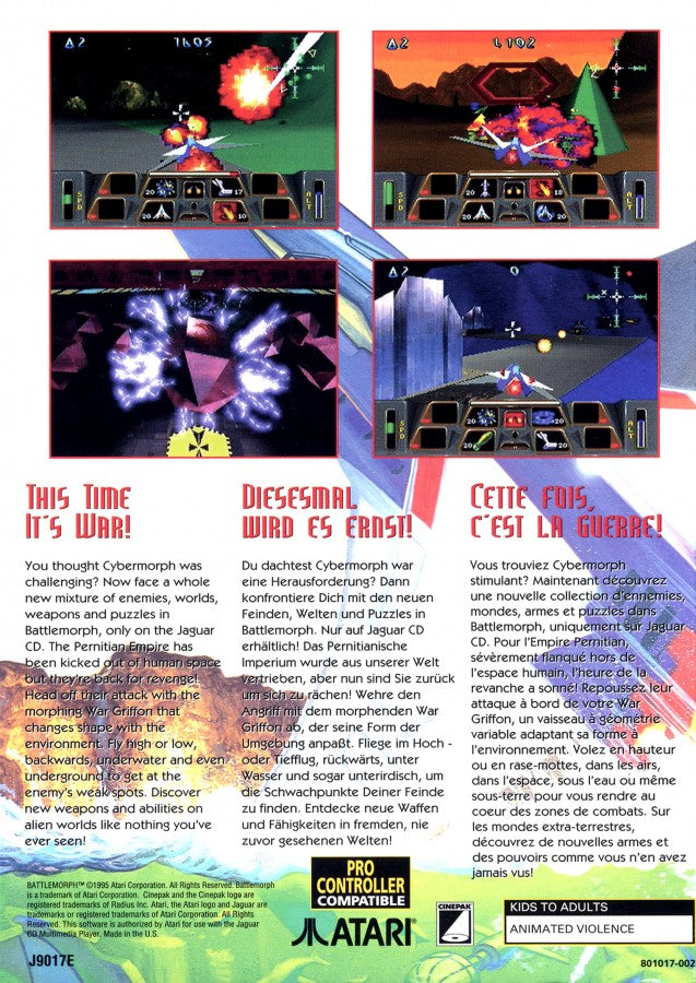 Battle Morph Atari Jaguar CD Battle Morph sci fi action shooter transformation combat game 90s arcade style gameplay futuristic vehicle combat retro Jaguar CD title back cover art 