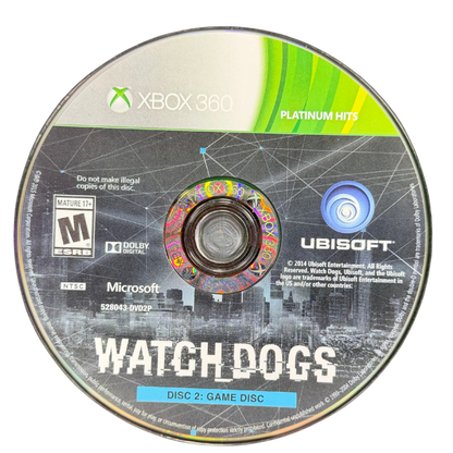 Watch Dogs Platinum Hits Xbox 360 inspired design featuring open world hacking action aesthetic futuristic surveillance technology cybercrime gameplay urban Chicago setting stealth combat digital warfare cinematic Ubisoft adventure nostalgic HD era presentation disc 2