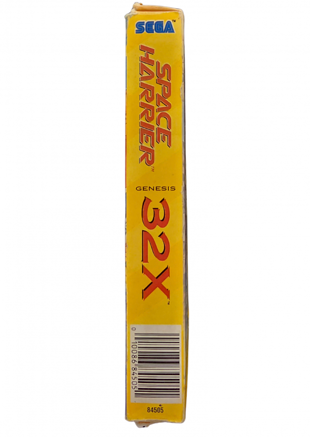 Space Harrier Sega 32X video game featuring fast paced arcade shooter gameplay third person flight action futuristic fantasy environments enemy battles giant creatures obstacle courses and classic Sega 32X gameplay retro video game collection collectible gaming appeal right side box art
