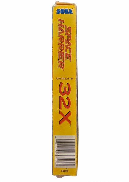 Space Harrier Sega 32X video game featuring fast paced arcade shooter gameplay third person flight action futuristic fantasy environments enemy battles giant creatures obstacle courses and classic Sega 32X gameplay retro video game collection collectible gaming appeal right side box art