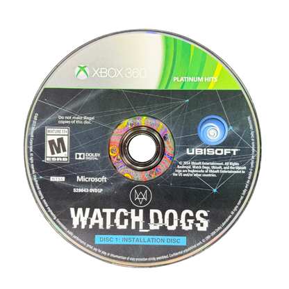 Watch Dogs Platinum Hits Xbox 360 inspired design featuring open world hacking action aesthetic futuristic surveillance technology cybercrime gameplay urban Chicago setting stealth combat digital warfare cinematic Ubisoft adventure nostalgic HD era presentation disc 1
