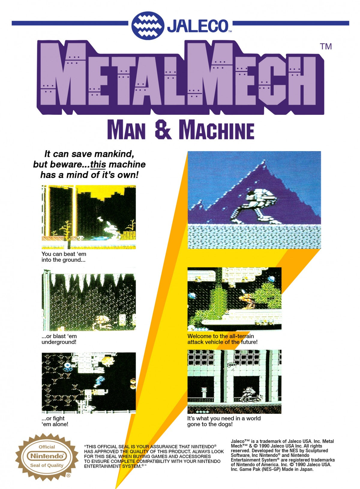 Metal Mech cartridge for the Nintendo Entertainment System featuring 8 bit action gameplay with a transformable mech tank side scrolling combat and strategic mission based objectives back cover 