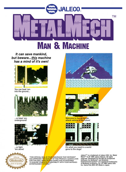 Metal Mech cartridge for the Nintendo Entertainment System featuring 8 bit action gameplay with a transformable mech tank side scrolling combat and strategic mission based objectives back cover 