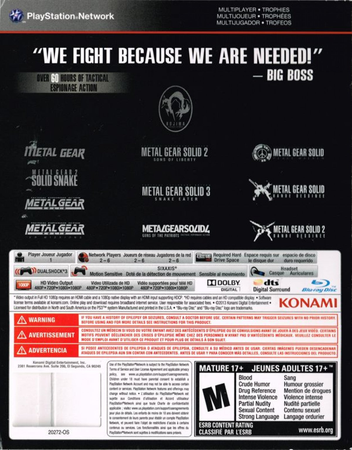 Metal Gear Solid: The Legacy Collection for PlayStation 3 complete stealth action compilation featuring multiple Metal Gear Solid titles tactical espionage gameplay cinematic story missions bonus content collection back cover