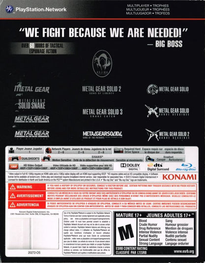 Metal Gear Solid: The Legacy Collection for PlayStation 3 complete stealth action compilation featuring multiple Metal Gear Solid titles tactical espionage gameplay cinematic story missions bonus content collection back cover