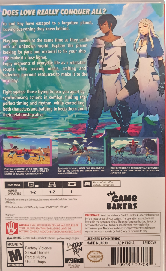 Haven Limited Run #117 Nintendo Switch inspired design featuring romantic sci fi adventure aesthetic drifting alien world exploration couple focused narrative emotional storytelling turn based exploration and survival mechanics atmospheric environments and intimate cooperative gameplay presentation back cover