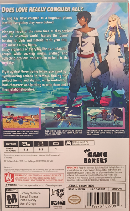 Haven Limited Run #117 Nintendo Switch inspired design featuring romantic sci fi adventure aesthetic drifting alien world exploration couple focused narrative emotional storytelling turn based exploration and survival mechanics atmospheric environments and intimate cooperative gameplay presentation back cover