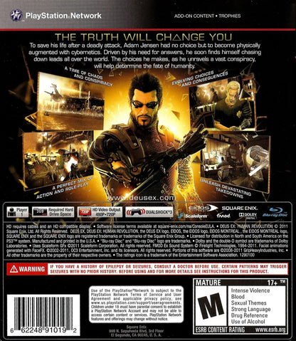 Deus Ex Human Revolution back cover art for PlayStation 3 (PS3) video game. 