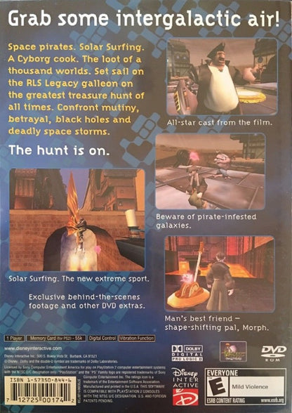 Disney Treasure Planet PlayStation 2 PS2 action-adventure platformer video game based on the animated film Treasure Planet Jim Hawkins John Silver Silver cyborg morph creature solar surfing adventure space pirate battles gadgets puzzles planet exploration hand-drawn cel-shaded visuals Sony Disney Interactive Buena Vista Games licensed tie-in back cover