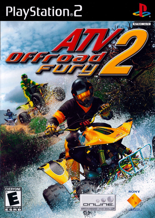 ATV Offroad Fury 2 PlayStation 2 off-road racing video game Sony Computer Entertainment America Rainbow Studios multiple vehicle classes ATVs trucks buggies motorcycles extensive trick system career mode multiplayer split-screen competitive racing championship events freestyle competitions diverse track environments desert mud terrain vehicle upgrades unlockable content progressive difficulty racing simulation arcade style off-road motorsport front cover