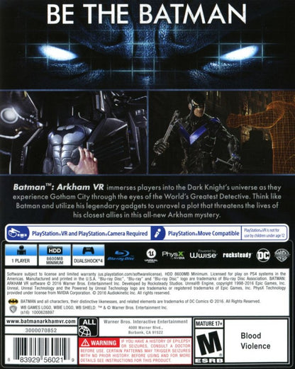 Batman Arkham VR for PlayStation 4, back of case for a virtual reality action-adventure video game with detective gameplay, immersive exploration, puzzle-solving, and Batman-themed mystery