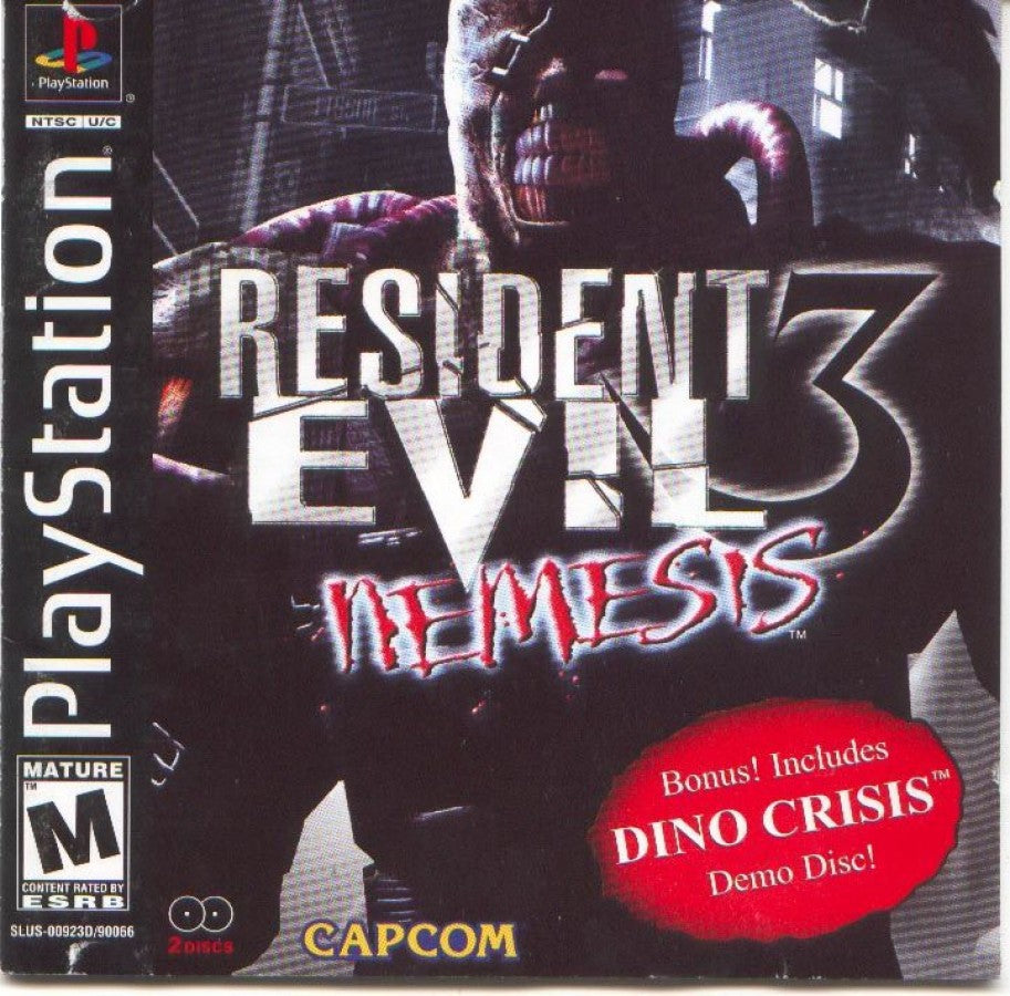 Resident Evil 3 Nemesis with Dino Crisis Demo PlayStation 1 PS1 for retro video game enthusiasts featuring survival horror gameplay zombie filled environments tense exploration puzzle solving resource management Nemesis encounters bonus Dino Crisis demo and collectible gaming appeal front cover