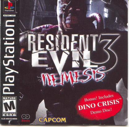 Resident Evil 3 Nemesis with Dino Crisis Demo PlayStation 1 PS1 for retro video game enthusiasts featuring survival horror gameplay zombie filled environments tense exploration puzzle solving resource management Nemesis encounters bonus Dino Crisis demo and collectible gaming appeal front cover