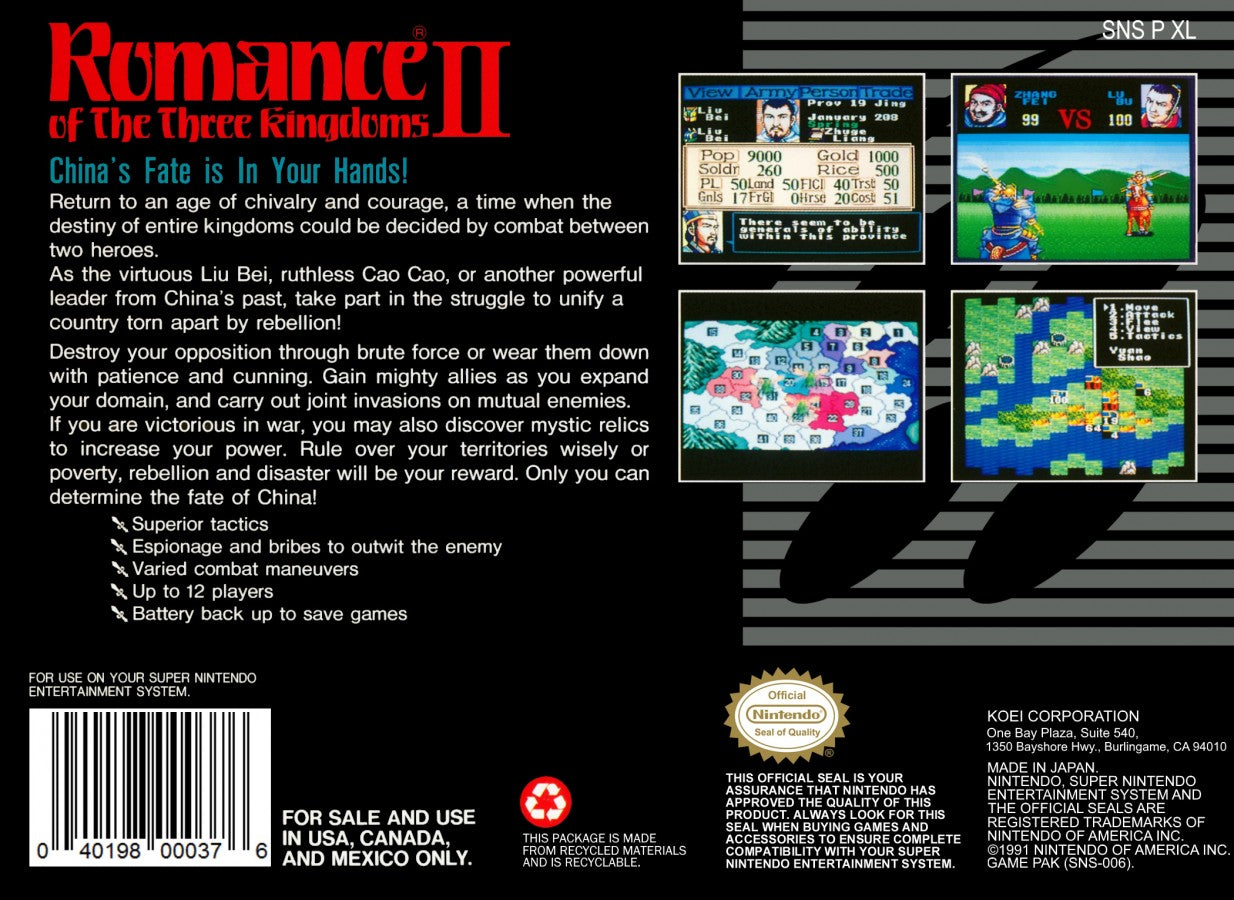 Romance of the Three Kingdoms II retro SNES video game Romance of the Three Kingdoms historical strategy simulation tactical warfare empire management turn based gameplay console title Super Nintendo release back of case