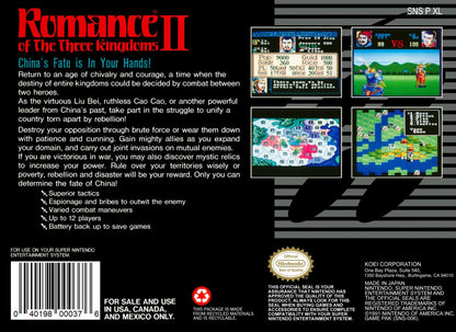 Romance of the Three Kingdoms II retro SNES video game Romance of the Three Kingdoms historical strategy simulation tactical warfare empire management turn based gameplay console title Super Nintendo release back of case