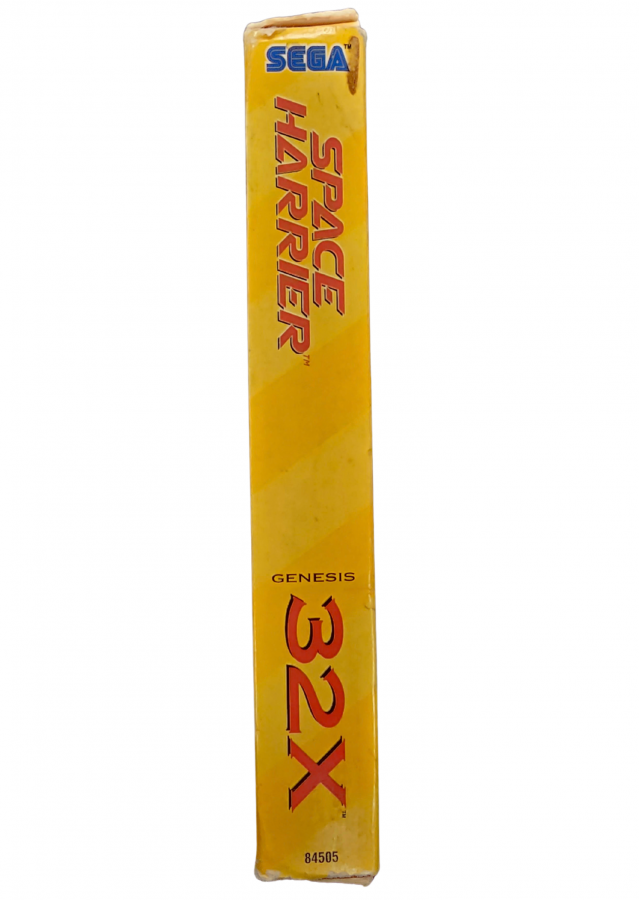 Space Harrier Sega 32X video game featuring fast paced arcade shooter gameplay third person flight action futuristic fantasy environments enemy battles giant creatures obstacle courses and classic Sega 32X gameplay retro video game collection collectible gaming appeal left side box art