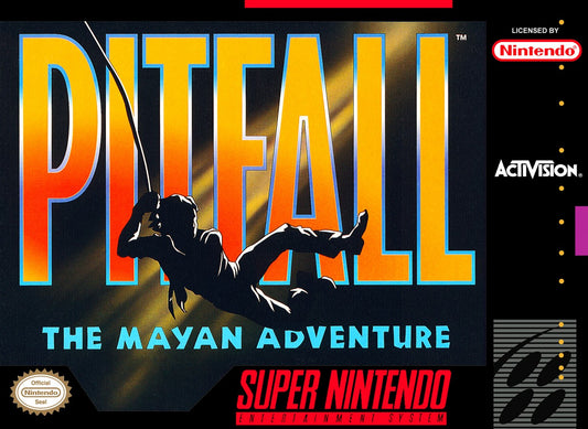Pitfall The Mayan Adventure retro SNES video game Pitfall jungle platform adventure action gameplay treasure hunting side scrolling classic platformer console title Super Nintendo release cover art