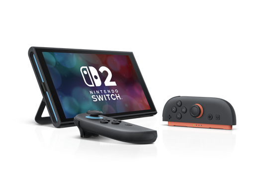 Nintendo Switch 2 console featuring next generation hybrid gaming system portable and docked play improved performance redesigned controllers and latest Nintendo home and handheld console hardware kickstand view
