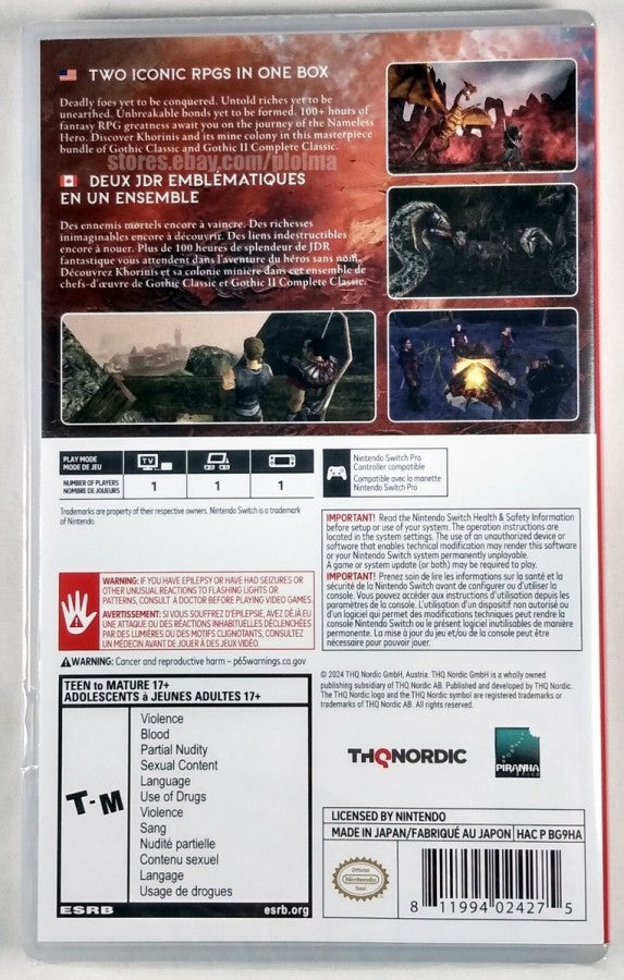 Gothic Classic Khorinis Saga Nintendo Switch for action role playing video game fans featuring open world fantasy exploration immersive storytelling character progression real time combat challenging quests medieval setting classic RPG gameplay collectible gaming appeal back cover art