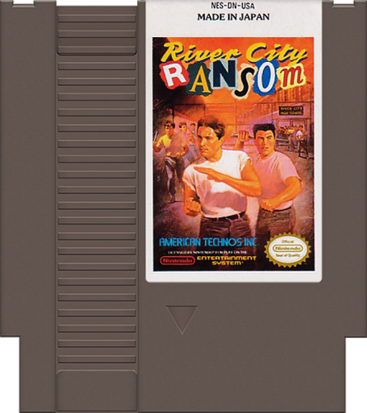 River City Ransom cartridge for the Nintendo Entertainment System featuring retro 8 bit beat em up action with street fighting gameplay character upgrades and open world exploration across River City cartridge