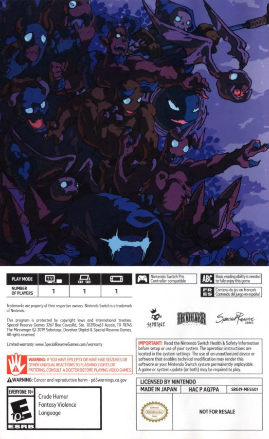 The Messenger Nintendo Switch inspired design featuring ninja action platform adventure aesthetic time traveling storyline pixel art visuals challenging combat acrobatic movement retro inspired gameplay interconnected world exploration presentation back cover art