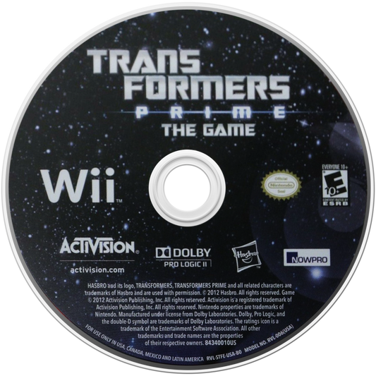 Transformers: Prime The Game disc art for Nintendo Wii (Wii) featuring story‑driven battles with Autobots and Decepticons, motion‑controlled combat, and missions based on the animated series.