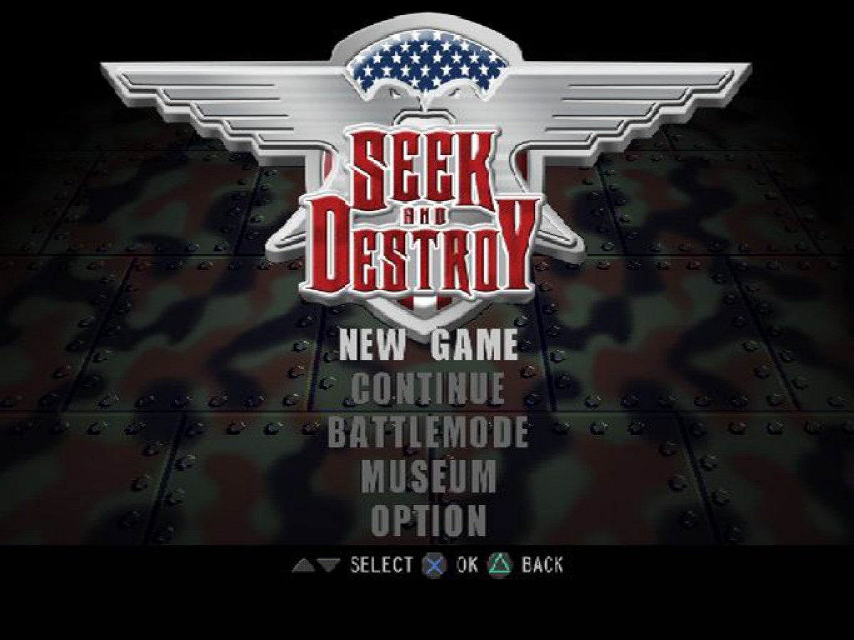 Seek and Destroy – PlayStation 2 (PS2) video game title screen, vehicular combat game.