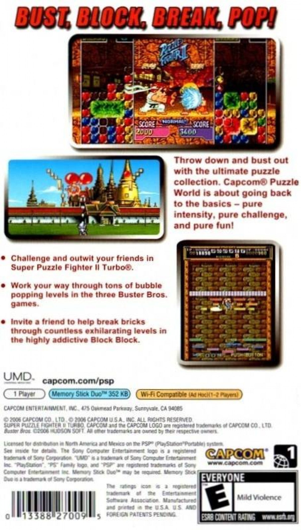 Capcom Puzzle World – PlayStation Portable (PSP) back of case for puzzle video game compilation