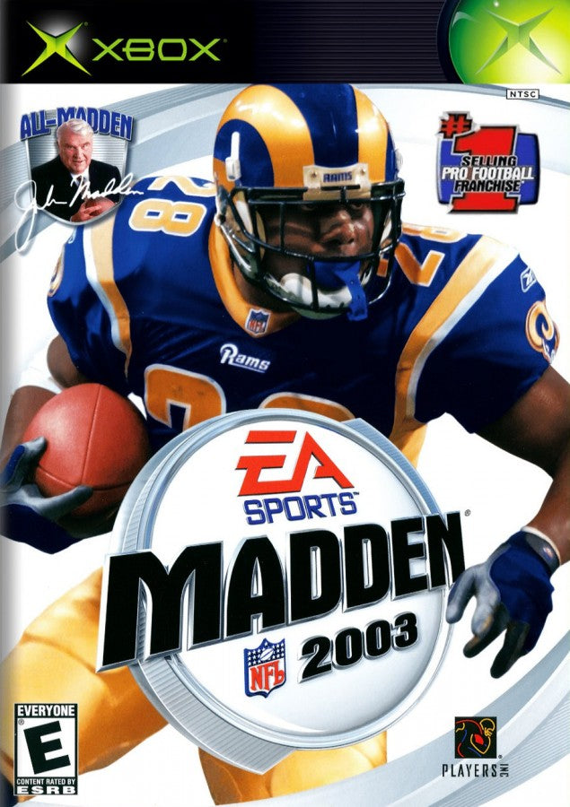Madden NFL 2003 Xbox football game featuring official NFL teams and players Franchise Mode create a player mini camp training fast paced gameplay enhanced graphics commentary by John Madden and Al Michaels and classic early 2000s EA Sports gridiron action cover 