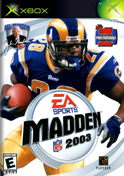 Madden NFL 2003 Xbox football game featuring official NFL teams and players Franchise Mode create a player mini camp training fast paced gameplay enhanced graphics commentary by John Madden and Al Michaels and classic early 2000s EA Sports gridiron action cover 