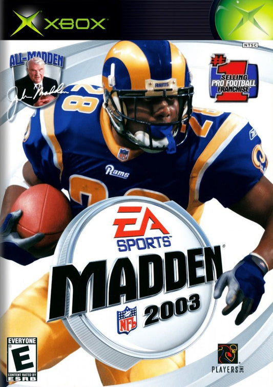 Madden NFL 2003 Xbox football game featuring official NFL teams and players Franchise Mode create a player mini camp training fast paced gameplay enhanced graphics commentary by John Madden and Al Michaels and classic early 2000s EA Sports gridiron action cover 