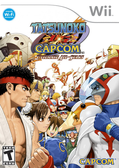 Retro Tatsunoko vs Capcom Wii inspired design featuring crossover anime fighting game aesthetic classic arcade style combat Capcom heroes versus Tatsunoko characters fast paced tag battles cel shaded visuals nostalgic Nintendo Wii action presentation cover art