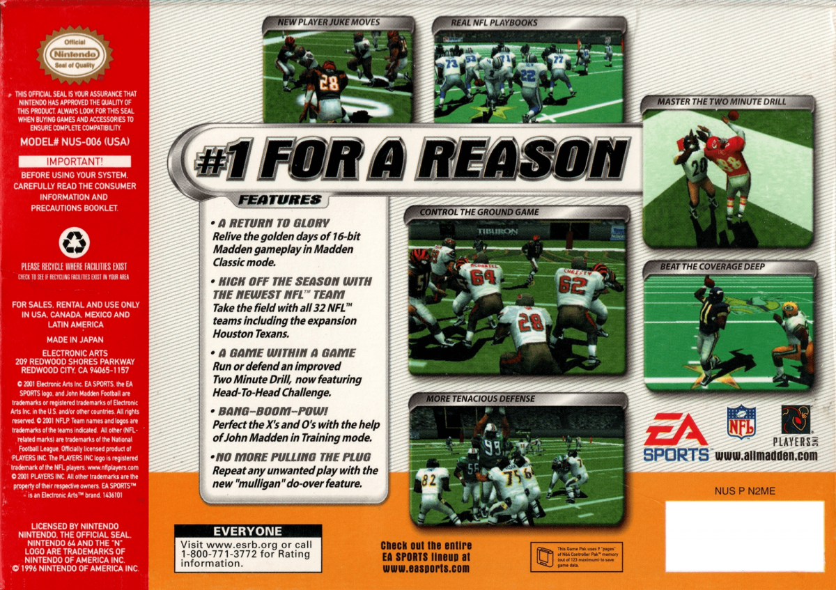 Madden NFL 2002 back cover art for Nintendo 64 (N64) video game