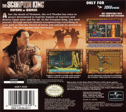 The Scorpion King Sword of Osiris Game Boy Advance GBA action adventure video game featuring Mathayus sword combat ancient Egyptian environments platforming enemies boss battles powerful attacks treasure exploration challenging levels and classic Game Boy Advance GBA gameplay collectible retro gaming appeal back cover art