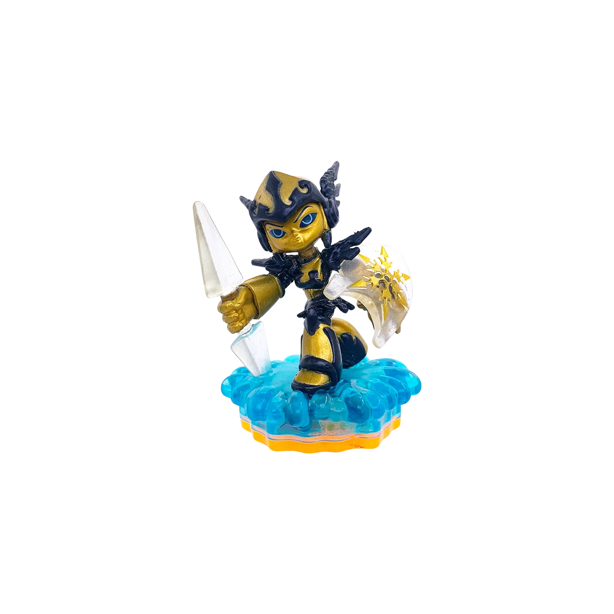 Legendary LightCore Chill Giants Skylanders figure for collectible gaming fans featuring Chill Water element Skylander character black and gold Legendary design glowing LightCore effect ice javelin attacks ice powers golden narwhal companion Skylanders Giants compatibility toys to life gameplay and rare collectible Skylanders appeal