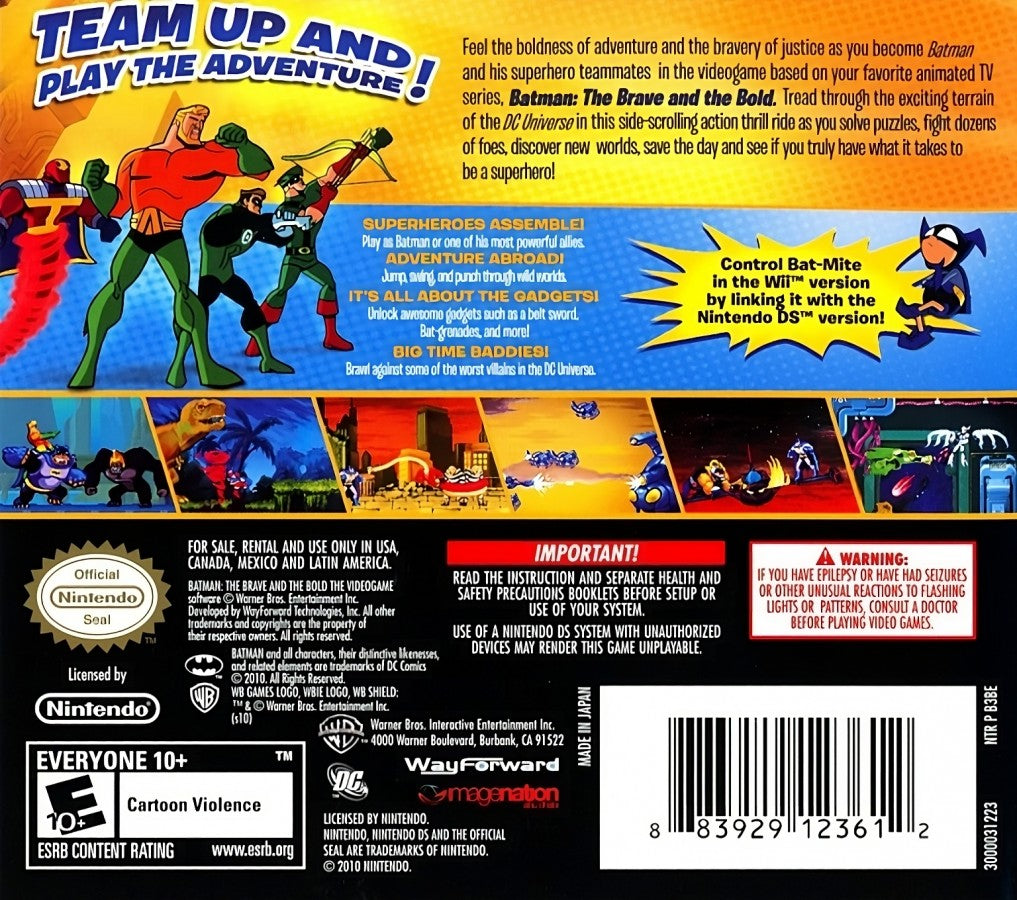 Batman The Brave and the Bold Nintendo DS DS for action platforming video game fans featuring Batman and DC Comics superheroes side scrolling combat Gotham City environments villain battles gadget abilities puzzle solving cooperative style gameplay and colorful comic book inspired adventure collectible gaming appeal back cover art