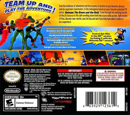 Batman The Brave and the Bold Nintendo DS DS for action platforming video game fans featuring Batman and DC Comics superheroes side scrolling combat Gotham City environments villain battles gadget abilities puzzle solving cooperative style gameplay and colorful comic book inspired adventure collectible gaming appeal back cover art