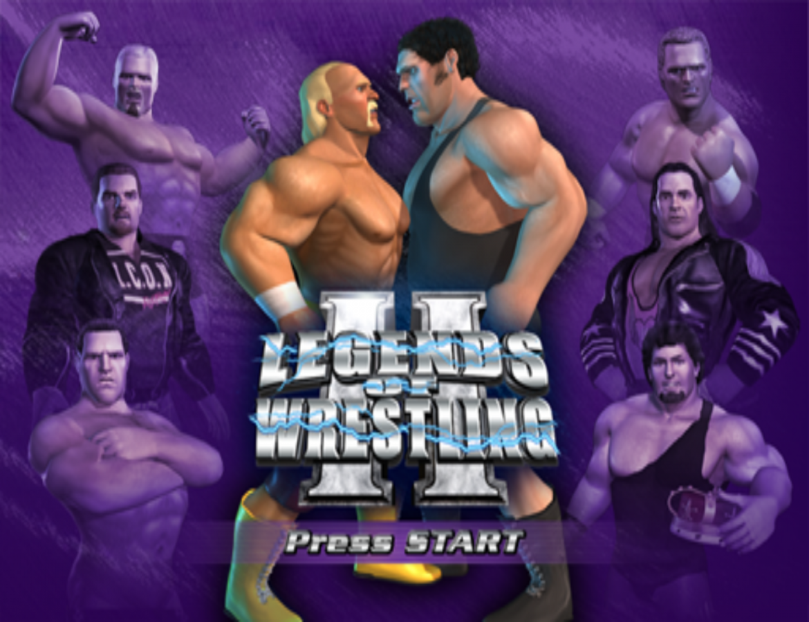 Title screen for Legends of Wrestling II GameCube GC video game, professional wrestling, fighting simulation, multiplayer, sports entertainment, classic Nintendo GameCube title