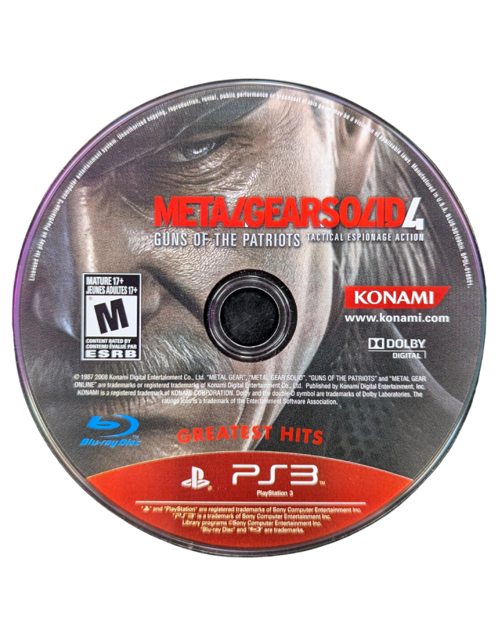 Metal Gear Solid 4 Guns of the Patriots Greatest Hits PlayStation 3 tactical espionage action stealth video game Solid Snake final mission Old Snake Drebin Points system Octocamo camouflage Metal Gear Mk II robot companion battlefield environment control Hideo Kojima conclusion epic storyline online multiplayer modes disc