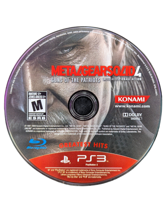 Metal Gear Solid 4 Guns of the Patriots Greatest Hits PlayStation 3 tactical espionage action stealth video game Solid Snake final mission Old Snake Drebin Points system Octocamo camouflage Metal Gear Mk II robot companion battlefield environment control Hideo Kojima conclusion epic storyline online multiplayer modes disc