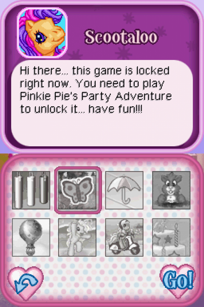My Little Pony Pinkie Pie’s Party for Nintendo DS, gameplay for a party mini-game video game with friendship activities, puzzle challenges, character-based gameplay, and family-friendly fun