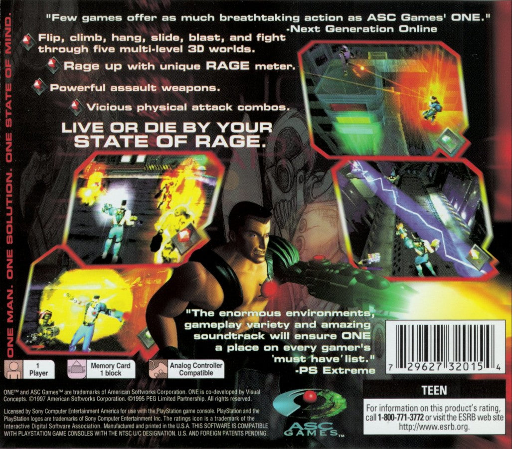 One retro sci-fi action platform shooter game for PlayStation 1 (PS1) back of case